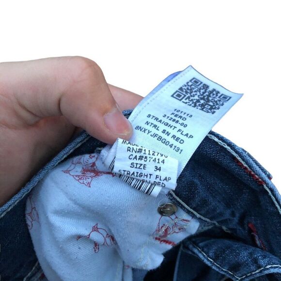 TRUE Religion Jeans Size 34 STRAIGHT FLAP NATURAL RED HORSESHOE Blue - Picture 10 of 10